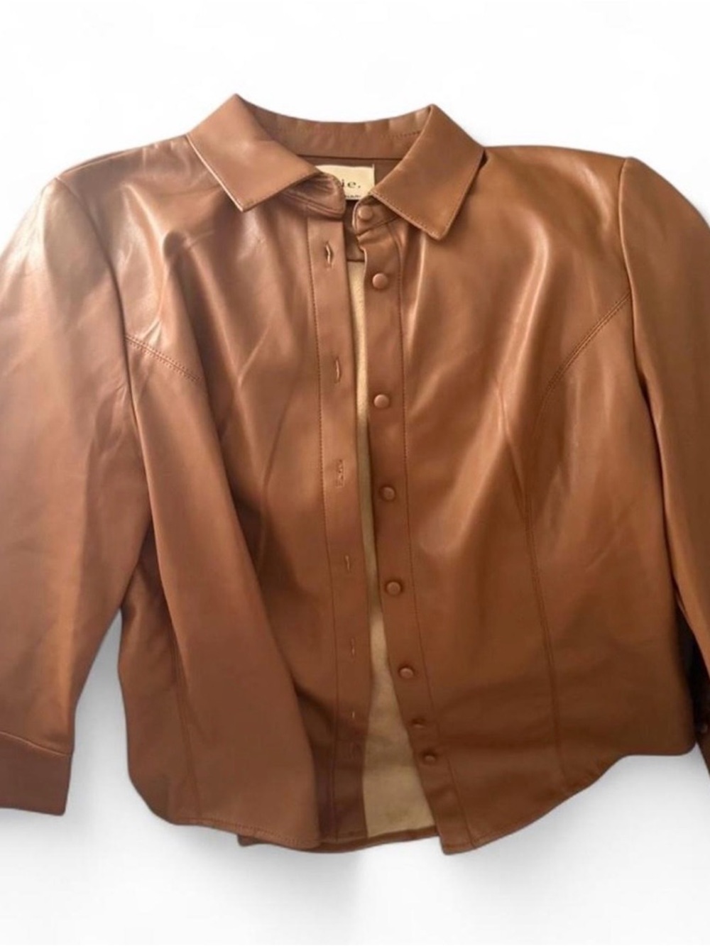 Elie Tahari Womens Cognac Leather Button-Front Shirt Jacket Sz S